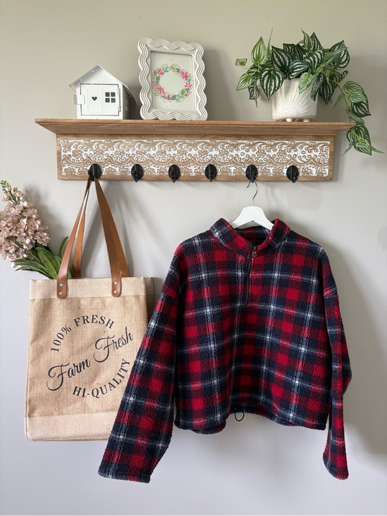 American Eagle Outfitters Sweaters - American Eagle Plaid Fleece Quarter-Zip — Red + Navy